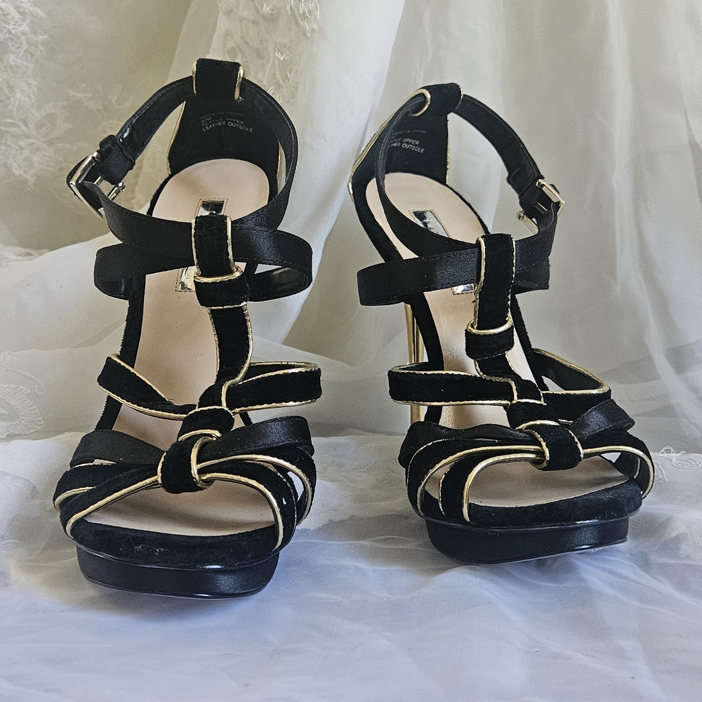 Stuart Weitzman Black Suede Strappy Heels with Gold Edge - Picture 2 of 5